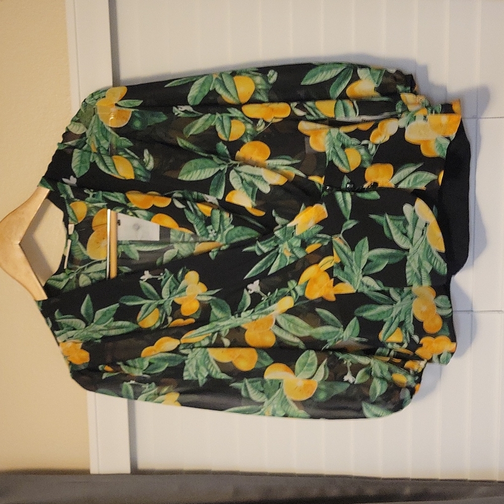 NY&Co Eva Mendes Black Lemon Print Blouse
